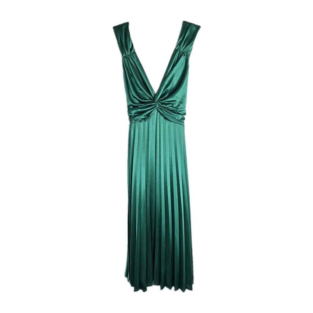 Kari New York Satin Pleated Midi Dress Womens 6 Green Double V Marilyn Party